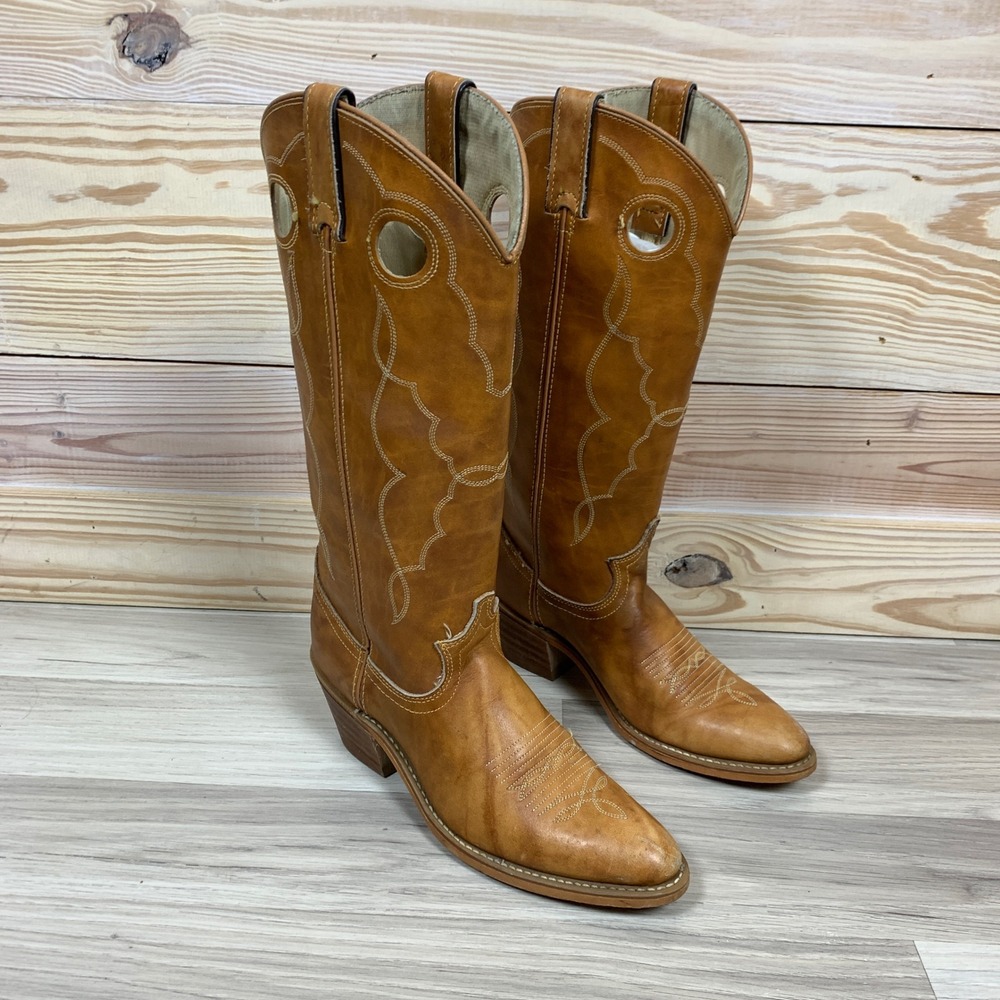 Acme Cowboy Boots Womens 8.5 Tan Leather Western Tall Pull Hole 8307 Vintage